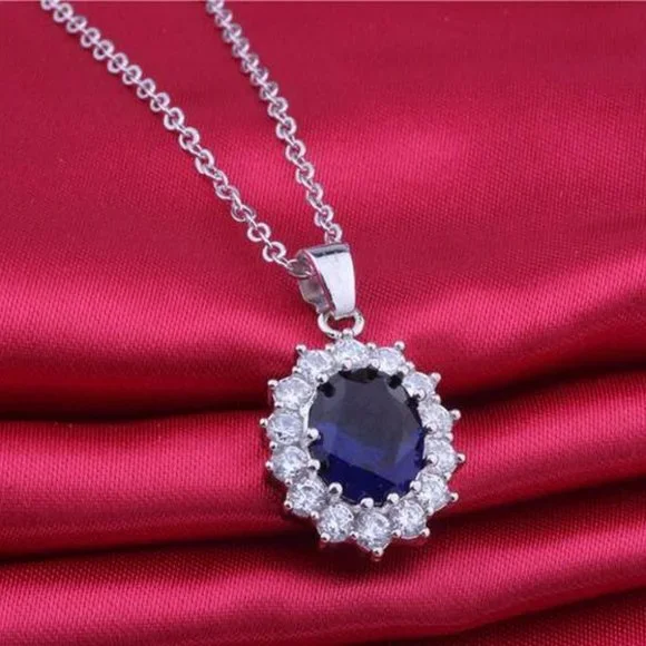 Fifth Avenue Vintage British Princess Wedding Blue Sapphire Pendant Necklace - Picture 3 of 12